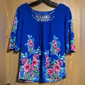 Blue Floral Women's Blouse with Rhinestones